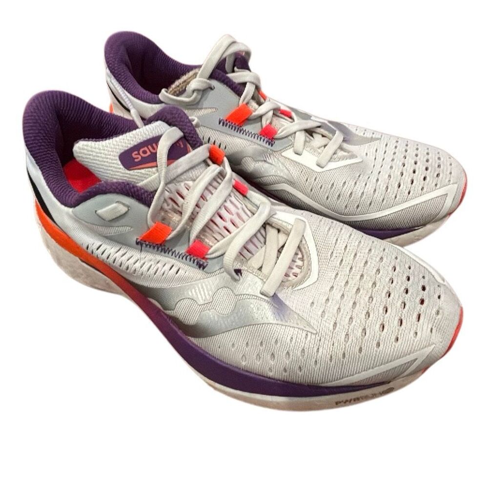Saucony PWRRUN Women’s Running Shoes White Purple Neon Orange Sneakers Size 8